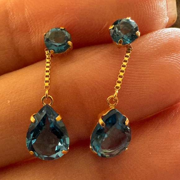 Stunning 18K Yellow Gold London Blue Topaz Drop Earrings – 2.8ct - Picture 1 of 15